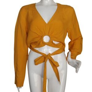 & OTHER STORIES Crop Top, 12, Yellow, Grommet/Strappy, Long Sleeve, V-neck Linen